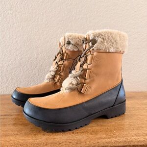 JBU Women's Tan and Black Winter Lace Up Fur Boots Size 9